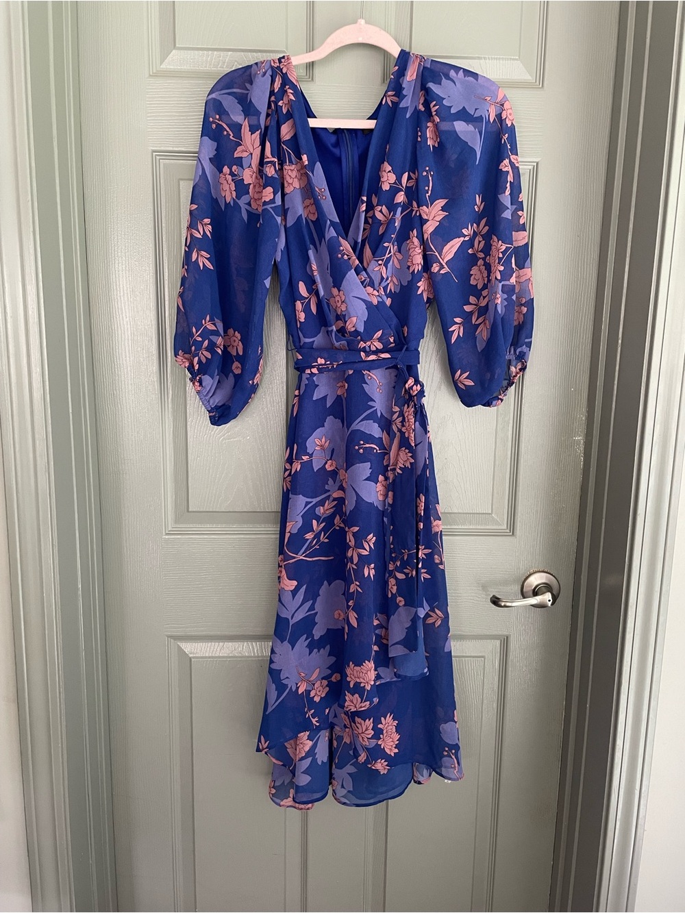DKNY Blue Midi Wrap Dress with Pink Floral Print Curvy Plus Size 16 Midi